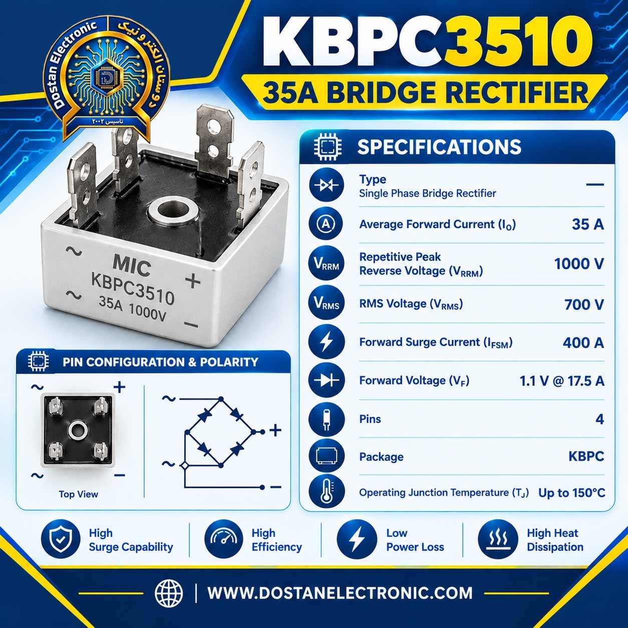 KBPC3510 پل دیود 35 آمپر